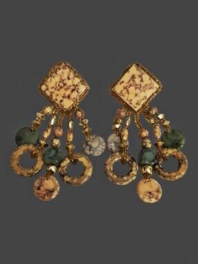 VTG CHIPITA 1980s Artisan Tile Beaded Dangle Post Festival Earrings